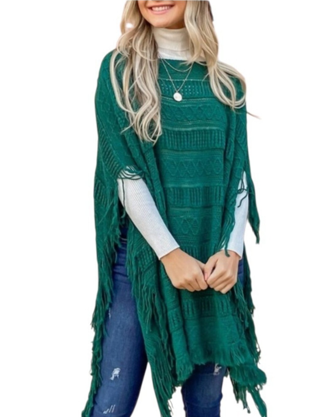Emerald Green Fringe Knit Poncho Sweater